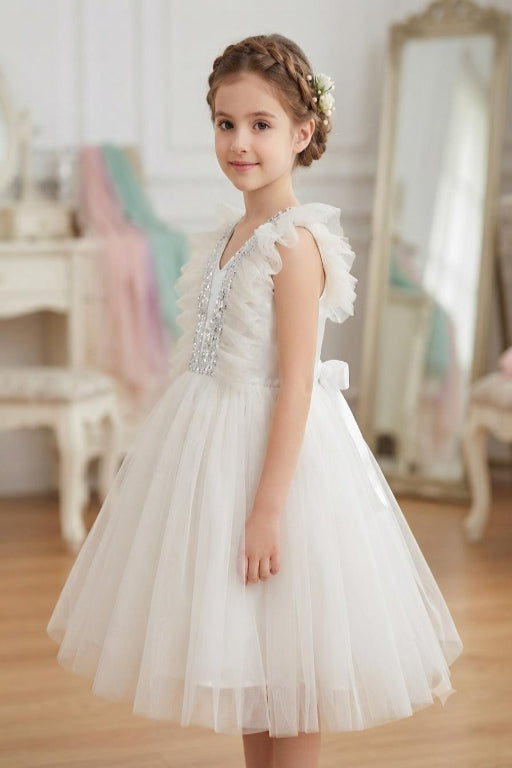 King Rabbet Premium Kids White Sequined Tiered Tulle Party Dress