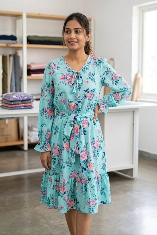 Premium Women Dress With Floral Design And a A matching fabric tie-belt to cinch the waist.