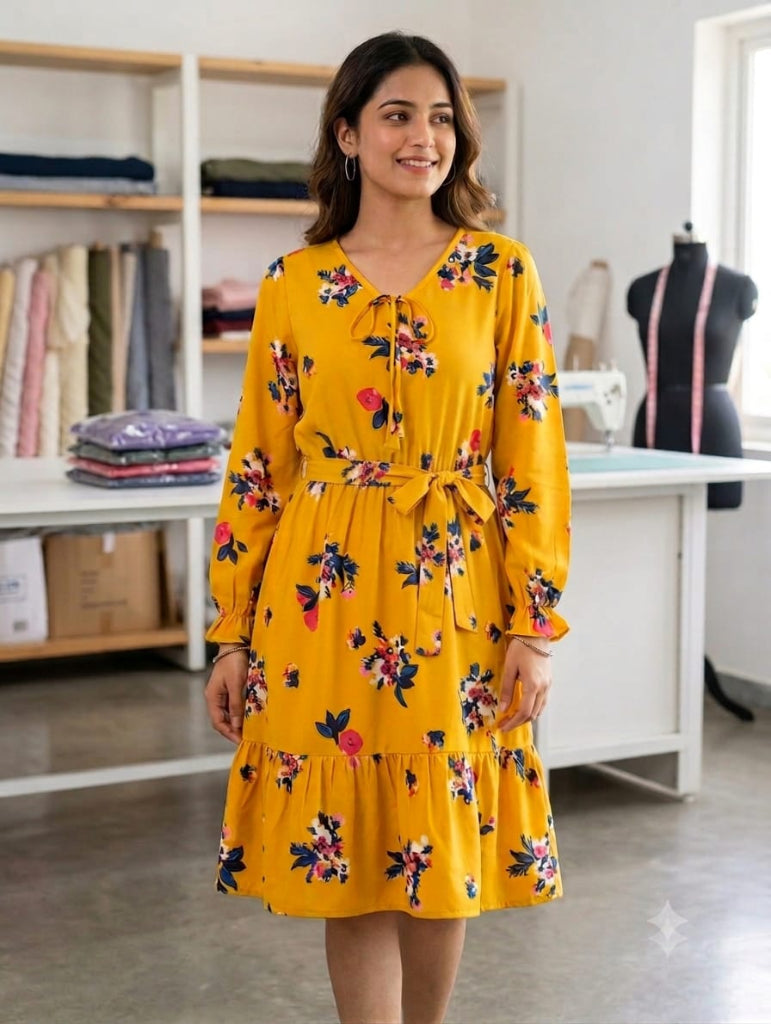 Premium Women Dress With Floral Design And a A matching fabric tie-belt to cinch the waist