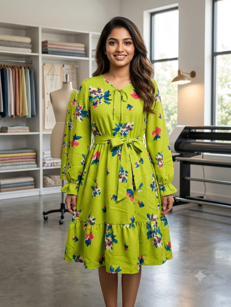 Premium Women Dress With Floral Design And a A matching fabric tie-belt to cinch the waist.