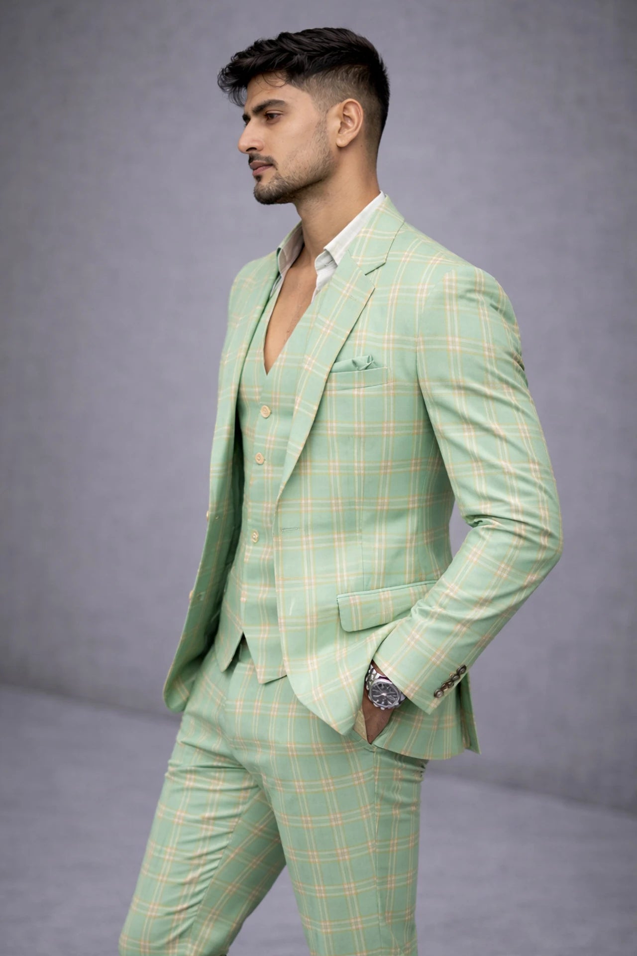 King Rabbit Premium Classy Mint Green With Yellow Strips  3Piece Suit For Men