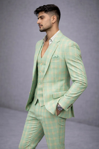 King Rabbit Premium Classy Mint Green With Yellow Strips  3Piece Suit For Men