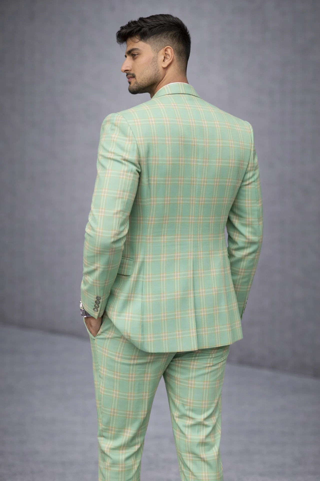 King Rabbit Premium Classy Mint Green With Yellow Strips  3Piece Suit For Men