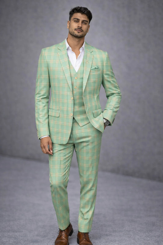 King Rabbit Premium Classy Mint Green With Yellow Strips  3Piece Suit For Men
