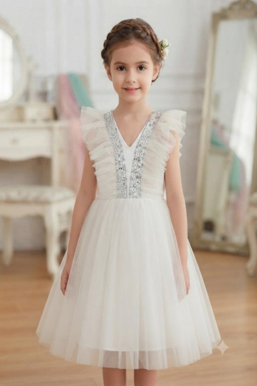 King Rabbet Premium Kids White Sequined Tiered Tulle Party Dress