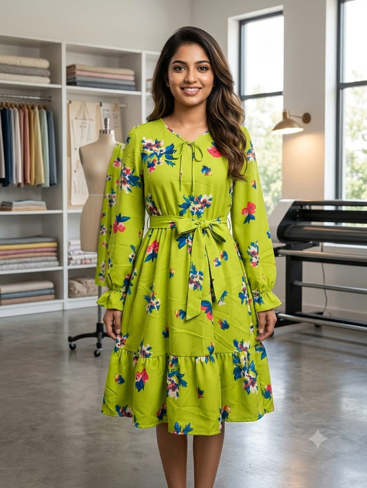 Premium Women Dress With Floral Design And a A matching fabric tie-belt to cinch the waist.