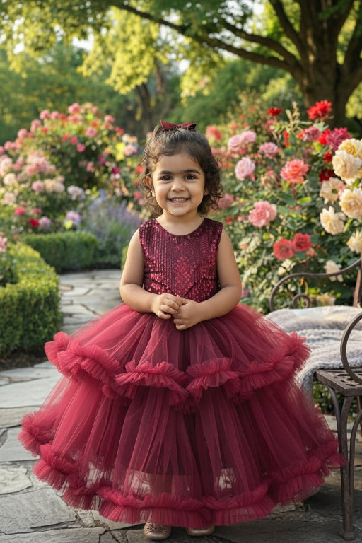 King Rabbet Premium Kids Maroon Sequined Tiered Tulle Party Dress